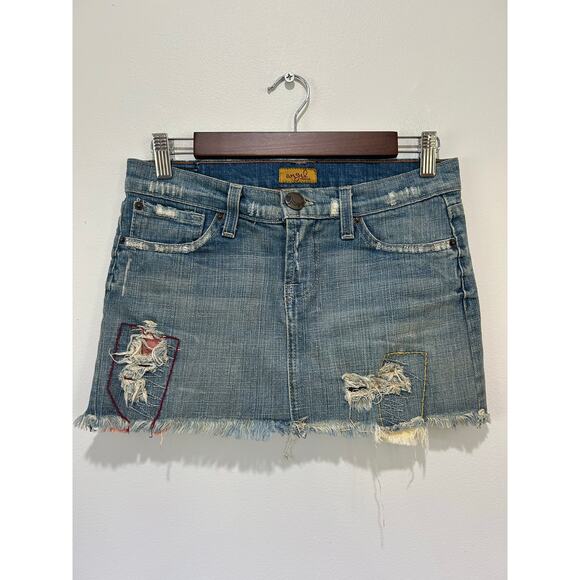 Y2K Vintage Angels Denim skirt size S micro mini distressed embroidered raw hem - Picture 1 of 10